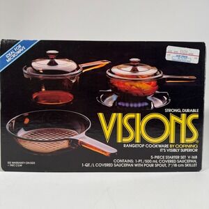 Visions by Corning V-168 5-Piece Amber Glass Cookware Starter Set VTG 1987 NIB